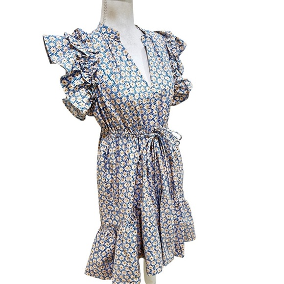 By Anthropologie v neck White, yellow & Blue flutter sleeve Tie Front dress MP - Picture 3 of 11